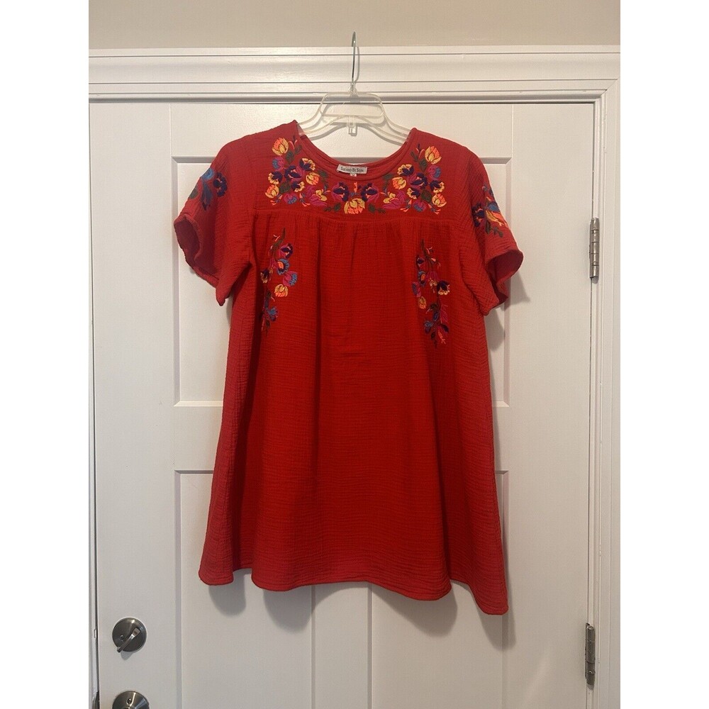 See And Be Seen Red Floral Mini Embroidered Swing Dress Boho Size Medium Pockets